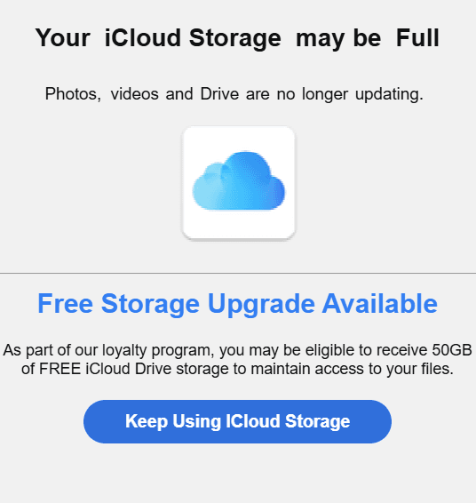 iCloud 저장공간이 가득 찼다며 무료 업그레이드를 유도하는 스캠 화면