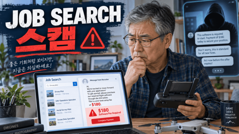 드론 파일럿 구직 과정에서 180달러 프로그램 비용을 요구받는 채용 스캠 경고 그래픽
