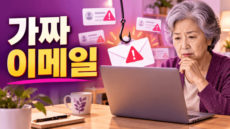 시니어를 노리는 가짜 이메일과 피싱 위험을 표현한 경고 그래픽