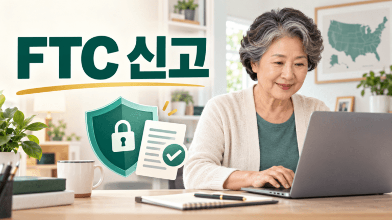 컴퓨터로 FTC 사기 신고를 진행하는 한인 시니어 여성