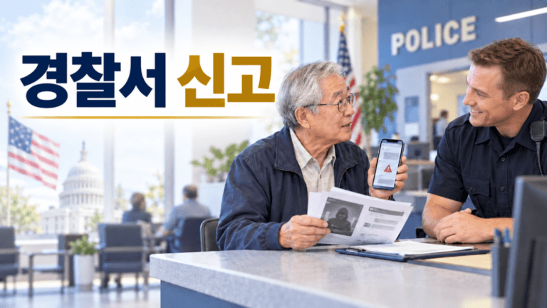 미국인 경찰관에게 스캠 증거를 보여주며 신고하는 한인 시니어