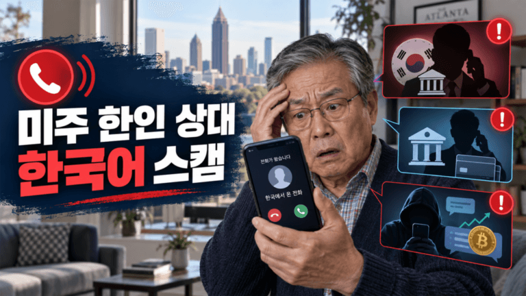 미국의 한인 시니어가 한국어로 걸려 온 총영사관·은행·투자 사칭 전화를 경계하는 모습