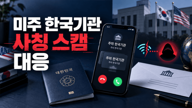 한국기관 사칭 스캠 대응과 대사관 발신번호 스푸핑 경고 그래픽