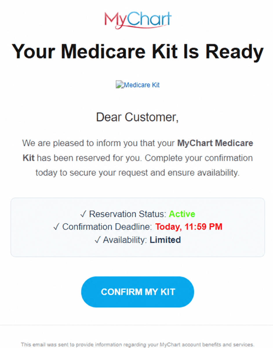 개인정보를 가린 MyChart Medicare 키트 사칭 이메일 복사본
