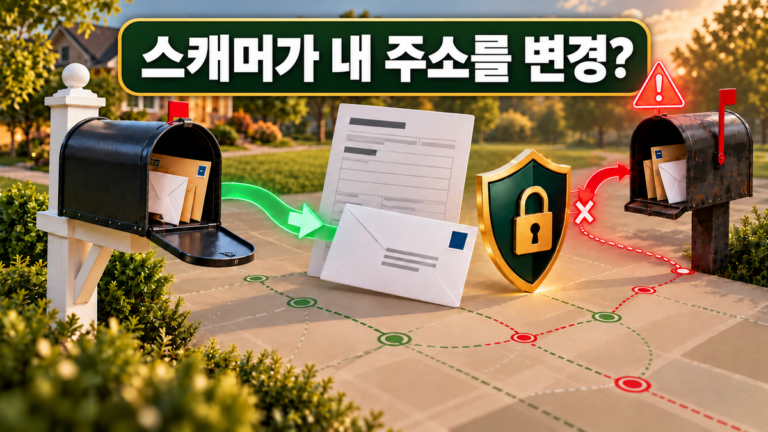 스캐머가 내 주소를 변경 제목과 함께 허위 주소 변경을 방패가 차단하는 그래픽