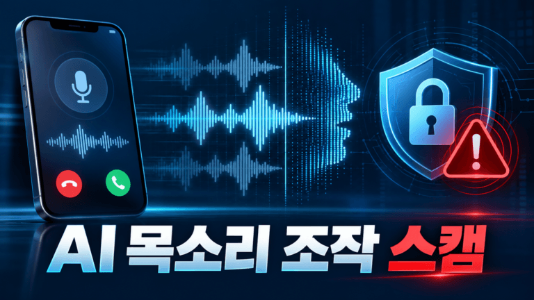 AI 목소리 조작 스캠을 나타내는 휴대전화, 음성 파형, 보안 방패 경고 그래픽