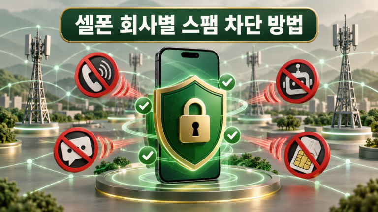 셀폰 회사별 스팸 차단 방법 제목과 함께 스마트폰을 스팸 전화와 문자 및 SIM 탈취로부터 보호하는 그래픽