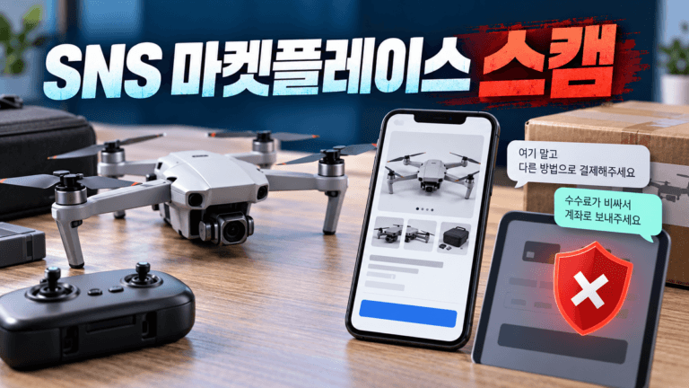 SNS 마켓플레이스 드론 거래와 외부 결제 위험을 나타낸 그래픽